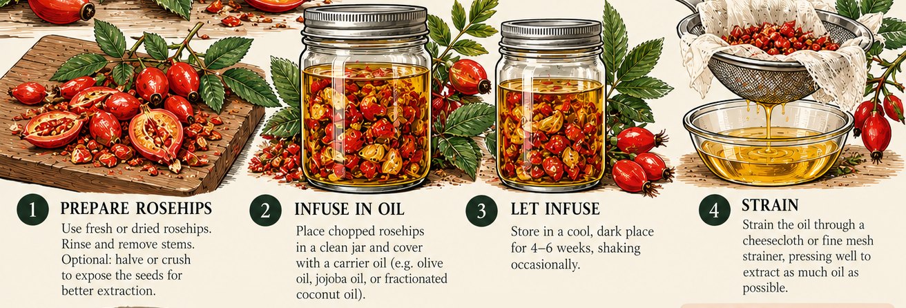 Illustrated steps for making rose hip infused oil