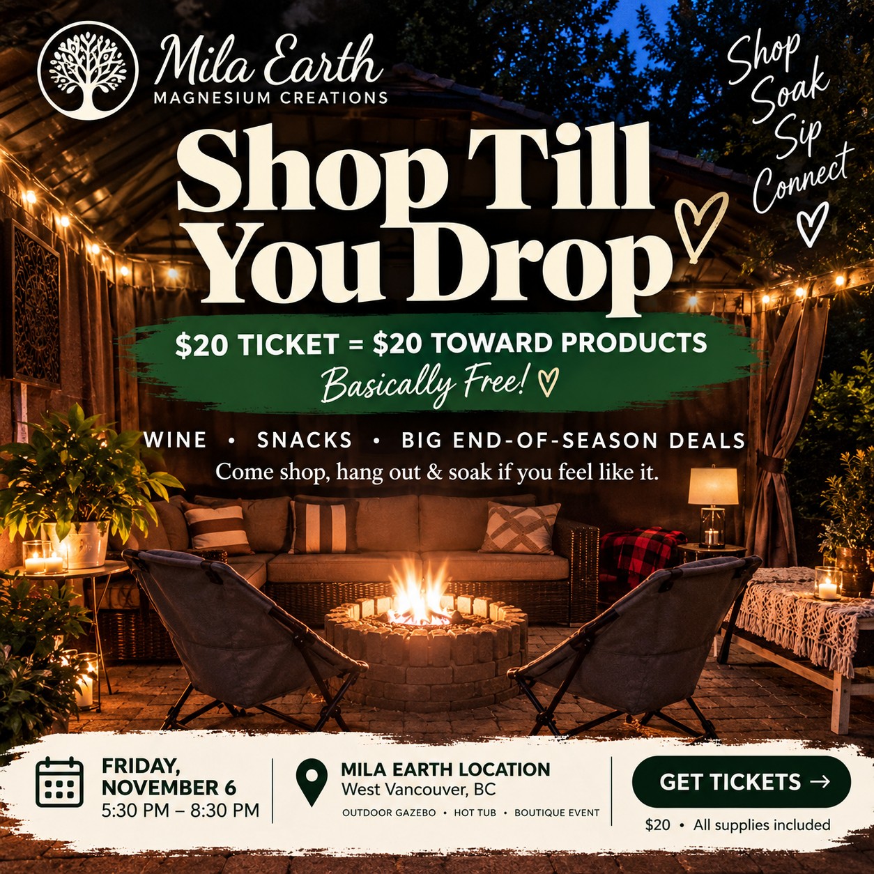 Shop Till You Drop at Mila Earth, Friday November 6, 5:30 to 8:30pm, West Vancouver